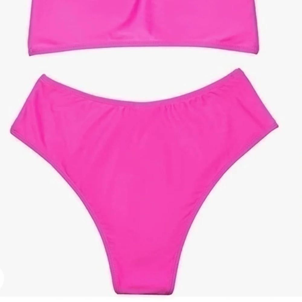 High Waist Bikini Two Piece Bandeau Neon Pink